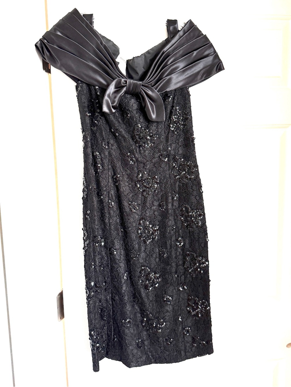 Vintage 80s Black Sequin & Lace Off the Shoulder Cocktail Dress